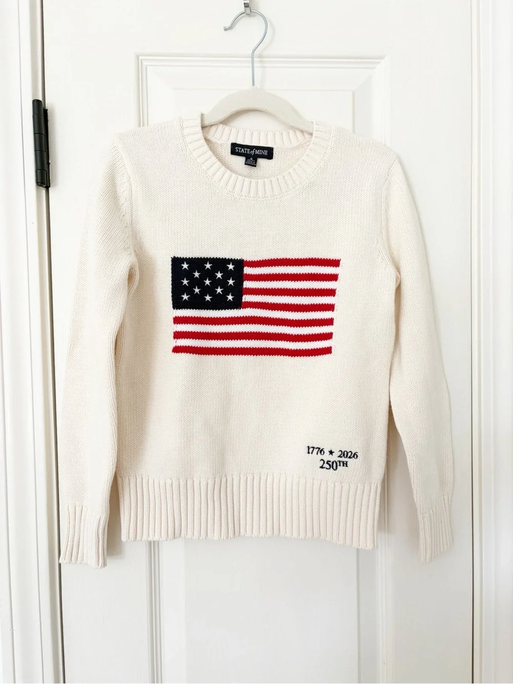 S (6/7) • NEW Cream Crewneck Sweater with American Flag Gender Neutral
